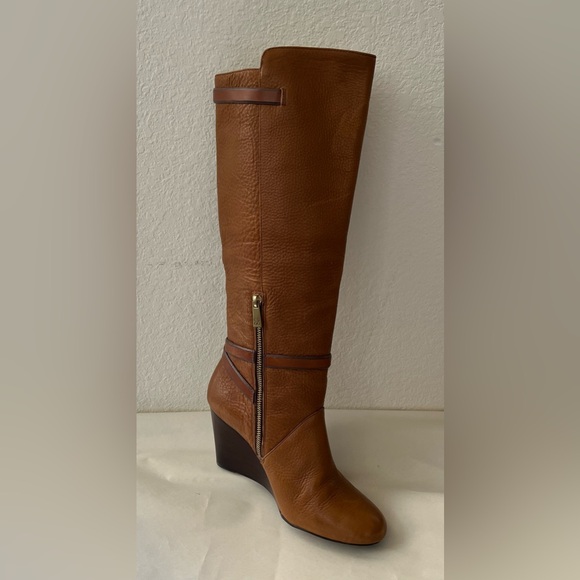 New in box Coach Adair Saddle Pebble Grain Leather Knee High Wedge Boot - Picture 3 of 13